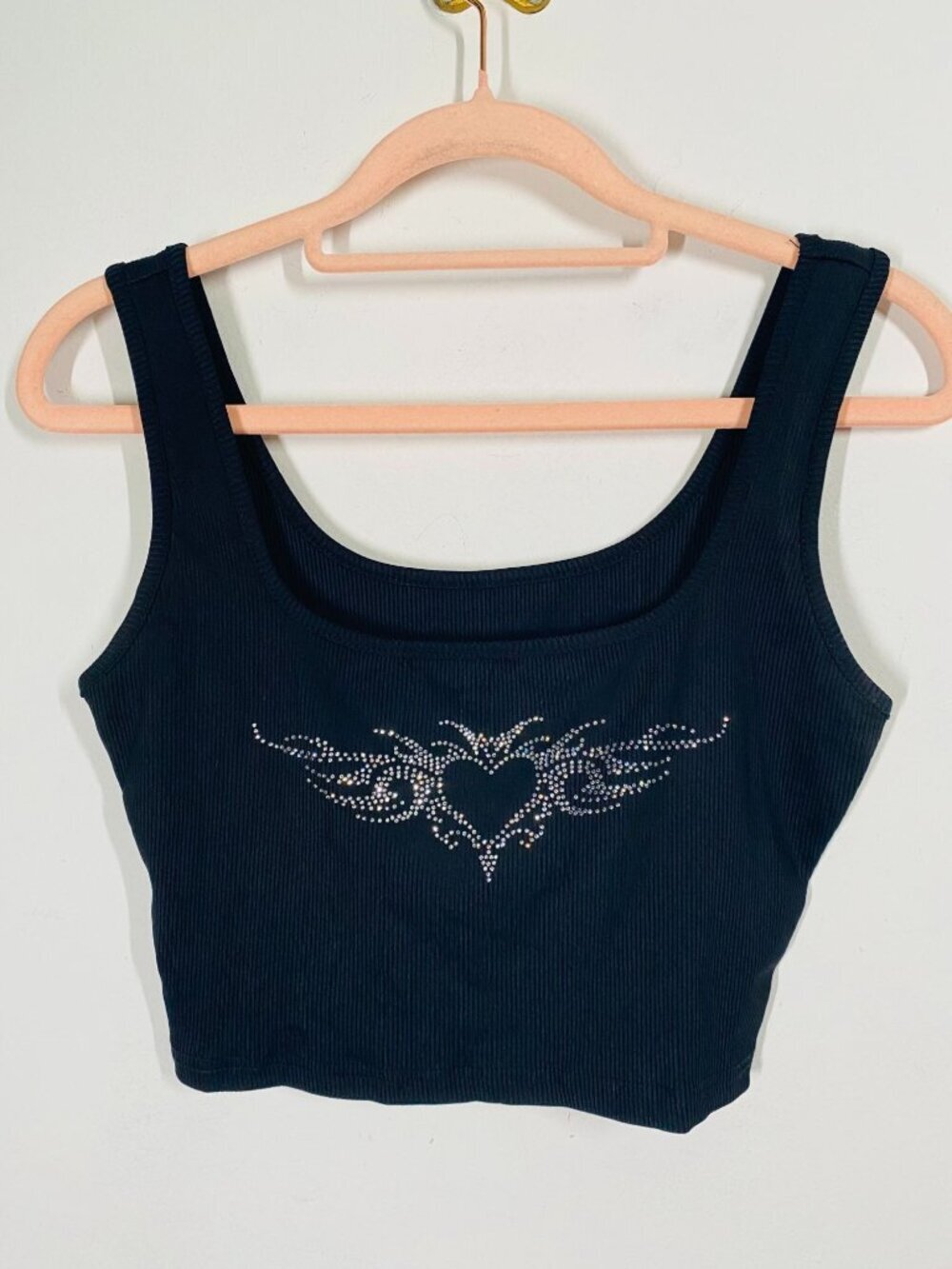 Black Ribbed Crop Tank Top With Rhinestone Heart Design by Cider size Small
